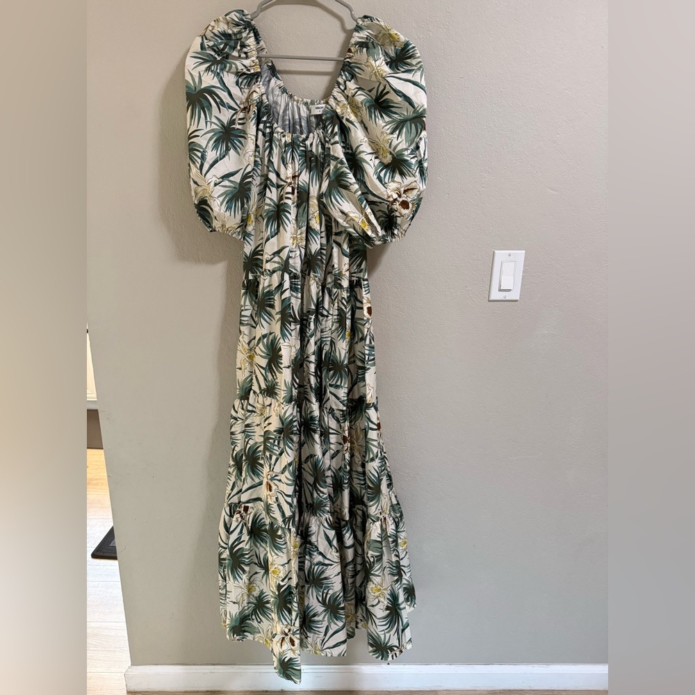 Mikoh Tropical Palm Floral Puff Sleeve Tiered Maxi Dress Size 2